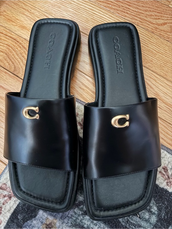 Coach Shoes - Coach Black Slide Sandals with Gold 'C' Accent
